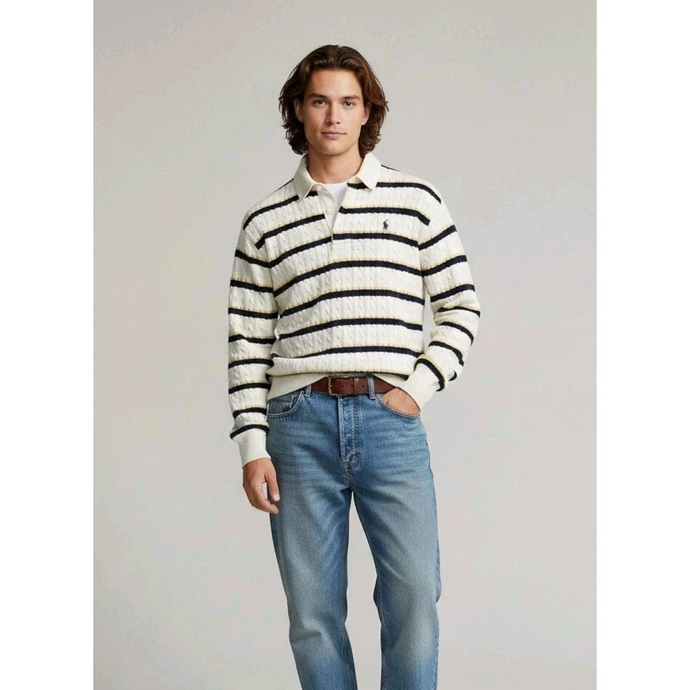 Vintage Polo Ralph Lauren Mens XL Boxy Fit Cable Knit Polo Long Sleeve Sweater